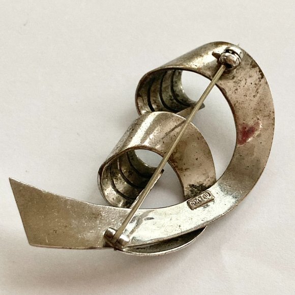 Vintage Sterling Silver Art Deco Marcasite Brooch Pin 925 Estate Ribbon Swirl - Picture 6 of 14
